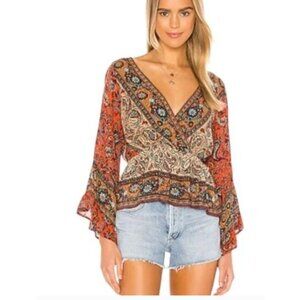Free People Rosalie Printed Faux Wrap Blouse Flared Sleeves Top Boho Festival LG